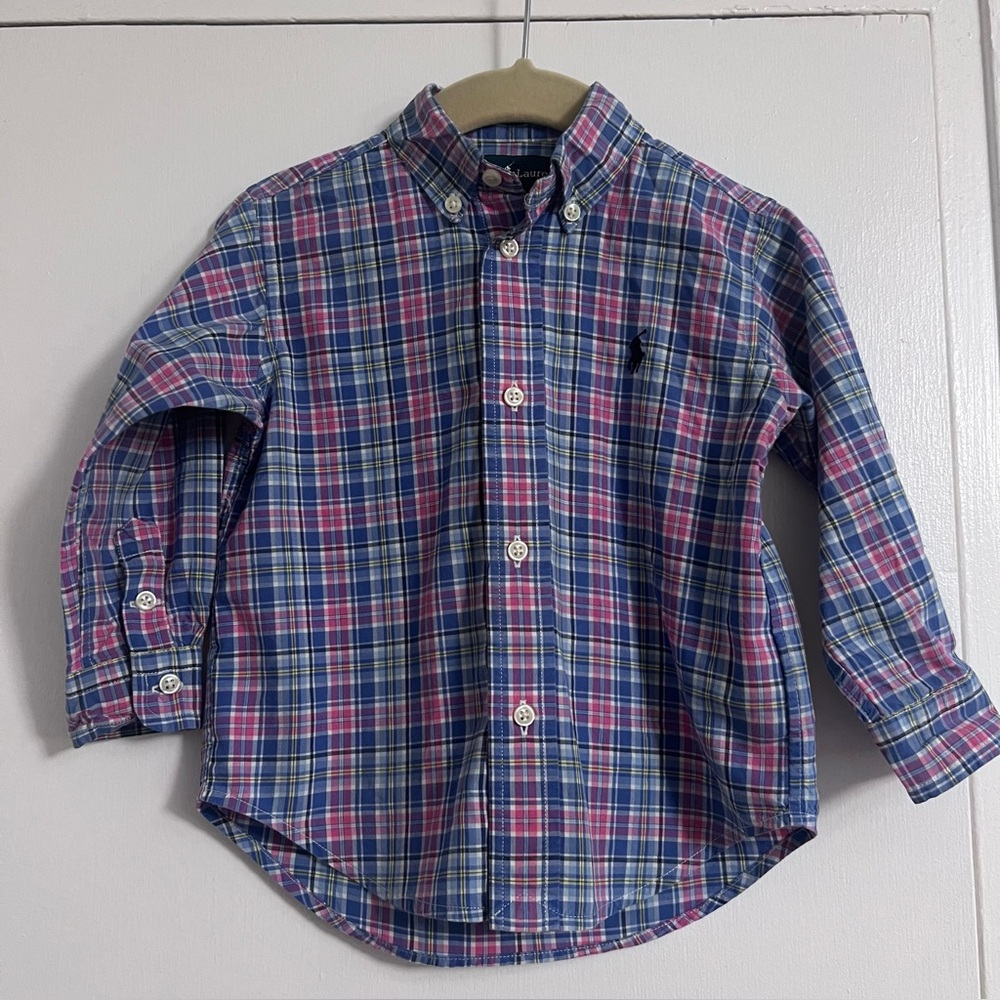 POLO RALPH LAUREN Toddler Boy Blue Pink Checkered L/S Button Down Shirt - 2T